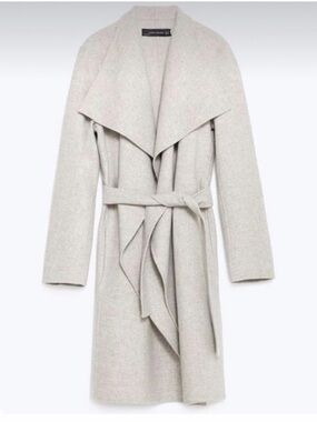 Zara Light Gray Waterfall Drape Belted Wool-Blend Wrap Midi Coat Small